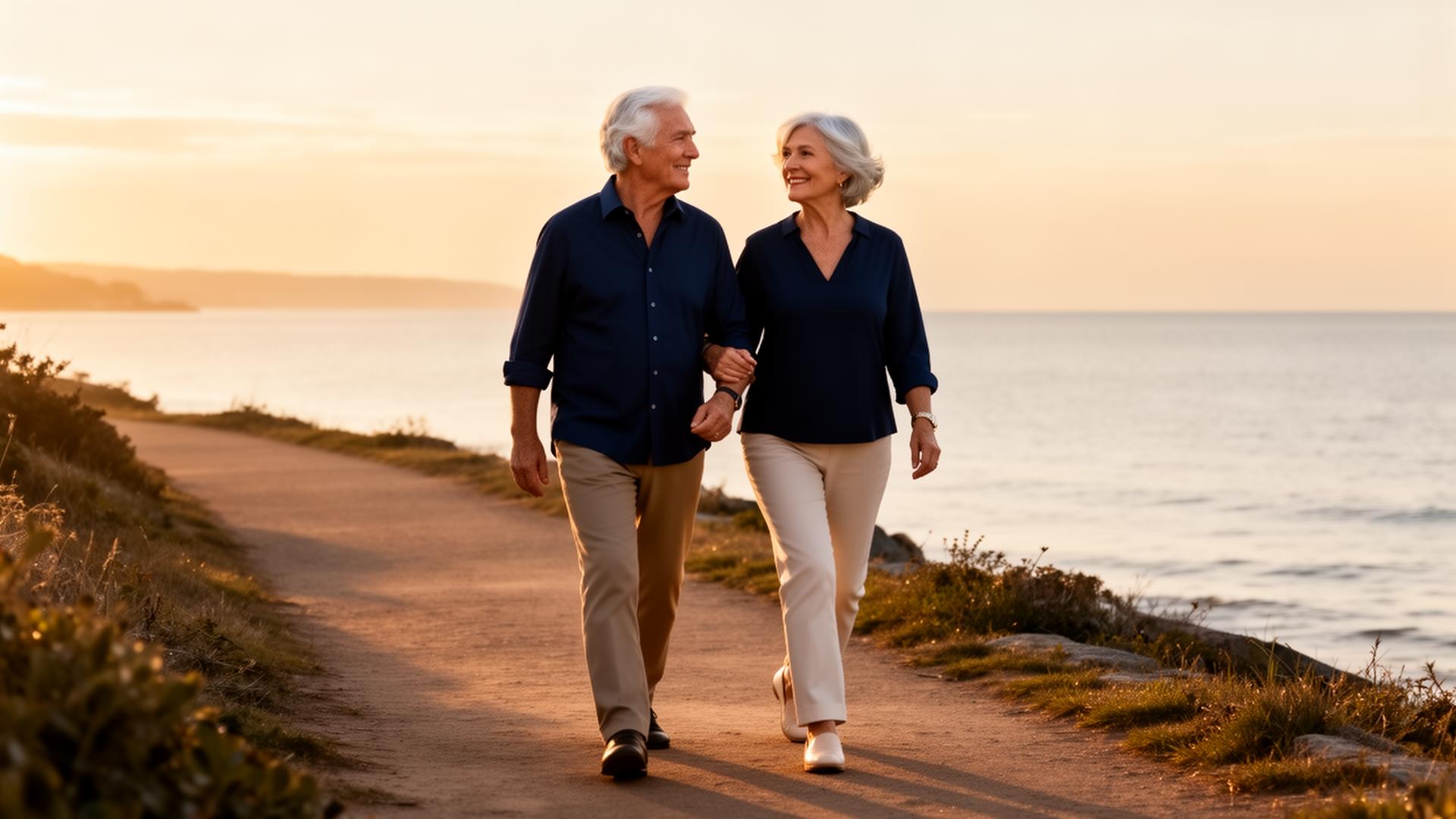 Couple enjoying retirement at sunset on a coastal path