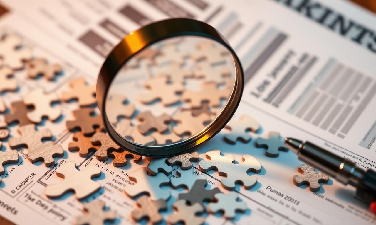 Magnifying glass over puzzle pieces and documents, symbolizing uncovering myths