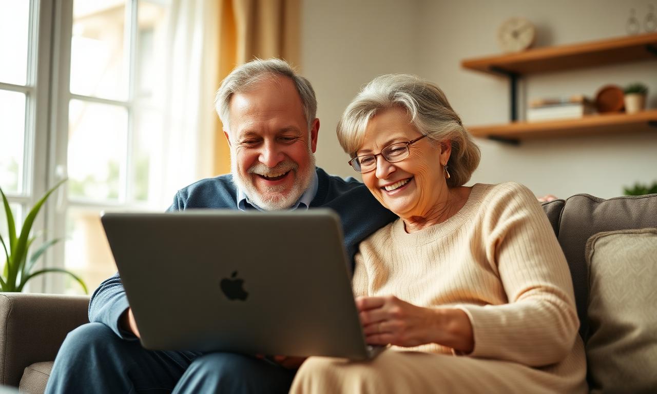 Senior couple smiling while reviewing retirement plans together at home